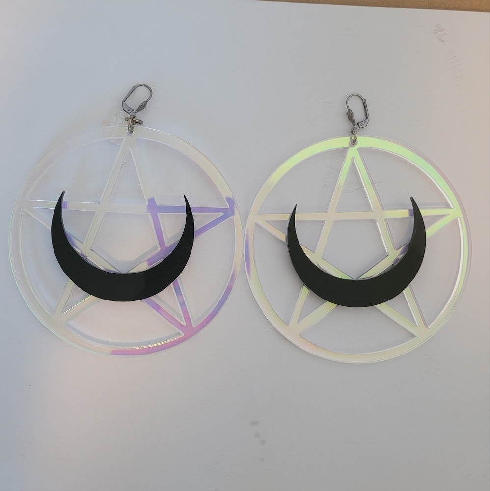 Jumbo Holographic Pentagram Black Crescent Moon Earrings by Marina Fini